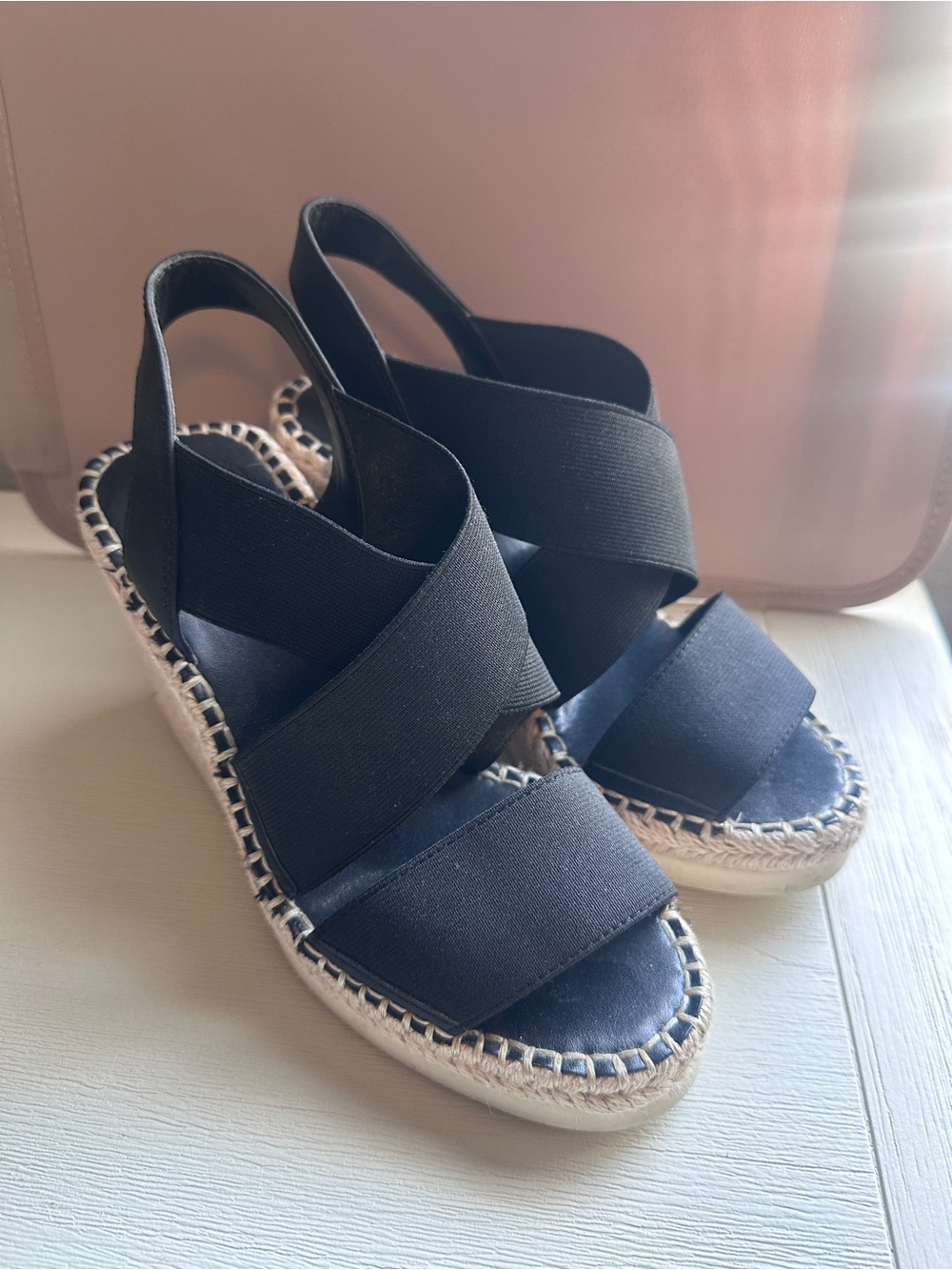Vince Camuto Black Elastic Espadrille Wedge Sandals